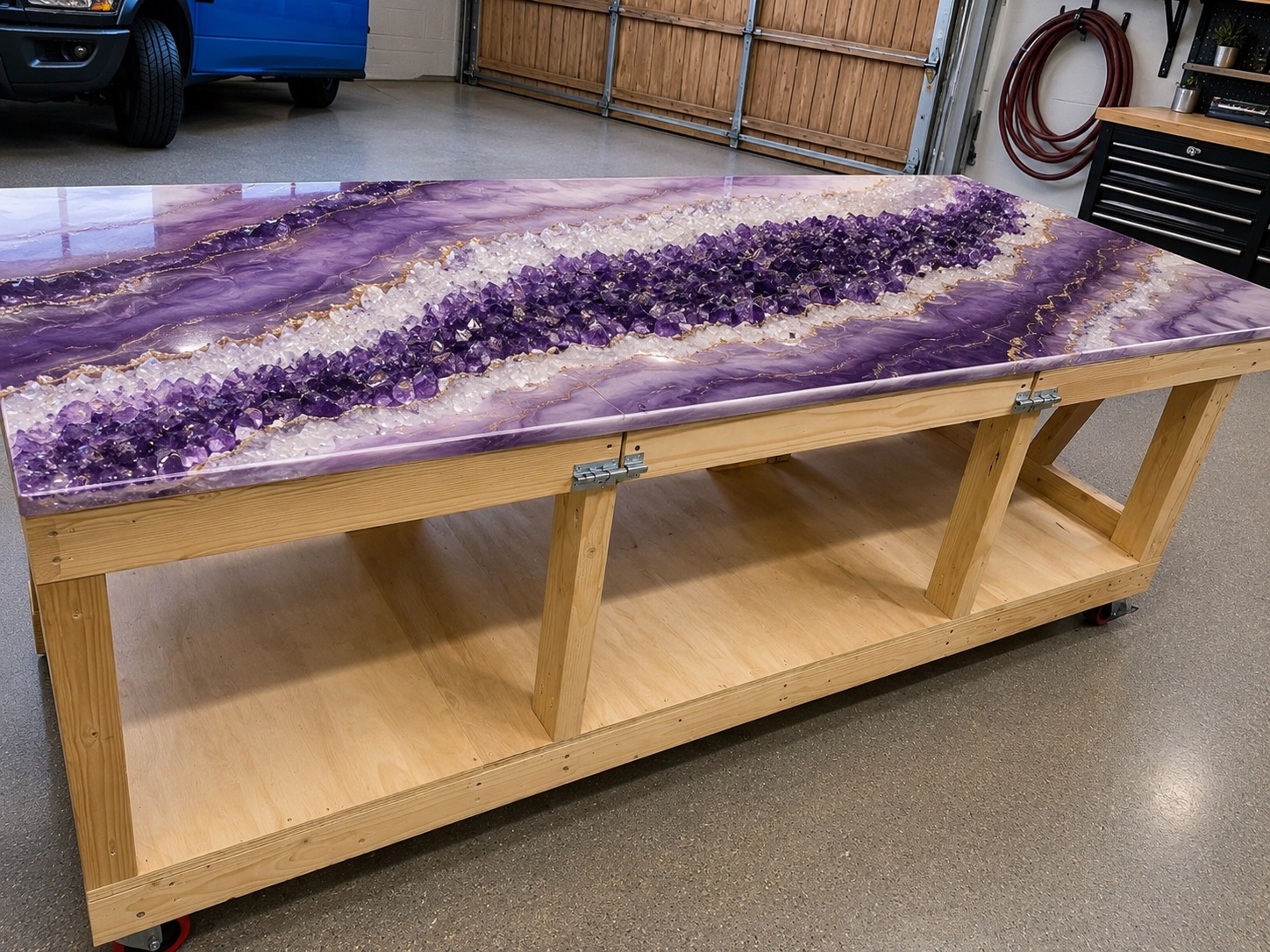 Amethyst-style epoxy resin river table built by Sherwoods Eternal Foundation for a McKinney, TX home